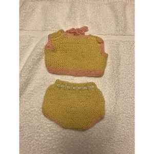 Vintage yellow knit doll top with pink trim, matching bottom shorts